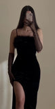 Simple Mermaid Straps Long Slit Black Feather Prom Dresses HZ1022