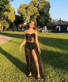 Sexy A line Straps Long Slit Black Prom Dresses HZ1022