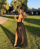 Sexy A line Straps Long Slit Black Prom Dresses HZ1022