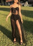 Sexy A line Straps Long Slit Black Prom Dresses HZ1022