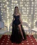 Sexy A line Straps Long Slit Black Prom Dresses HZ1022