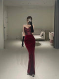 Mermaid Strapless Burgundy Long Lace Prom Dress HZ1022