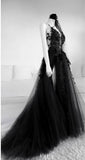 A line Long Black Tulle Lace Prom Dress HZ1022