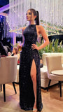A line Halter Long Black Sequin Slit Prom Dress HZ1022