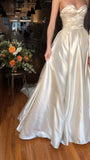 Vintage A line Strapless Long White Satin Wedding Dresses HZ1022