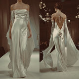 Vintage A line Strapless Long Sleeves White Silk Satin Backless Wedding Dresses HZ1022