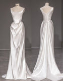 Vintage Mermaid Straps Long White Satin Backless Wedding Dresses HZ1022