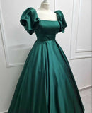 Elegant A line Square Neckline Wedding Guest Floor Length Green Prom Dress HZ1022