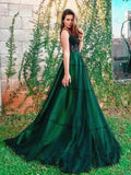 Elegant Spaghetti Straps Green Tulle Prom Dresses with Appliques Lace HZ1022