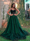 Elegant Spaghetti Straps Green Tulle Prom Dresses with Appliques Lace HZ1022
