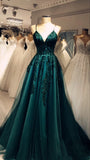 Elegant A line Green Tulle Spaghetti Straps Appliques Prom Dress HZ1022