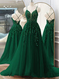 Elegant A line Green Tulle Spaghetti Straps Appliques Backless Prom Dress HZ1022
