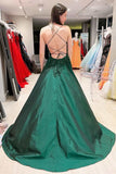 Elegant A line Floral Appliques Lace-Up A-Line Dark Green Prom Dresses HZ1022
