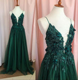 Vintage A line Straps Appliques Lace-Up Dark Green Tulle Prom Dresses HZ1022