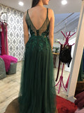 Vintage A line Straps Appliques Dark Green Tulle Prom Dresses HZ1022