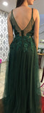 Vintage A line Straps Appliques Dark Green Tulle Prom Dresses HZ1022