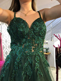 Vintage A line Straps Appliques Dark Green Tulle Prom Dresses HZ1022