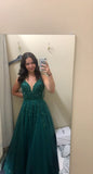A Line Straps Dark Green Prom Dresses Appliqued Beaded Formal Dress HZ1022