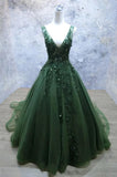 Dark Green A Line Backless Prom Dresses V Neck Appliqued Beaded Formal Dress HZ1022