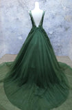Dark Green A Line Backless Prom Dresses V Neck Appliqued Beaded Formal Dress HZ1022