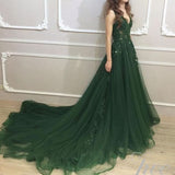 Dark Green A Line Backless Prom Dresses V Neck Appliqued Beaded Formal Dress HZ1022