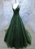 Dark Green A Line Backless Prom Dresses V Neck Appliqued Beaded Formal Dress HZ1022
