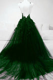 A line Green Tulle With Lace Deep Neckline Backless Prom Dress HZ1022