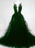 A line Green Tulle With Lace Deep Neckline Backless Prom Dress HZ1022