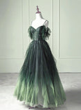 Green Beaded Straps Tulle Layers Long Prom Dress Green Formal Dress HZ1022