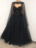 Vintage A line Beaded Strapless Tulle Long Prom Dress Black Formal Dress HZ1022