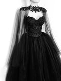 Vintage A line Beaded Strapless Tulle Long Prom Dress Black Formal Dress HZ1022