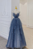 Vintage Blue Tulle Beaded Long Senior Prom Dress A-Line Blue Formal Dress HZ1022