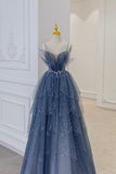 Vintage Blue Tulle Beaded Long Senior Prom Dress A-Line Blue Formal Dress HZ1022
