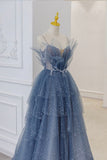 Vintage Blue Tulle Beaded Long Senior Prom Dress A-Line Blue Formal Dress HZ1022