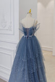 Vintage Blue Tulle Beaded Long Senior Prom Dress A-Line Blue Formal Dress HZ1022