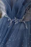 Vintage Blue Tulle Beaded Long Senior Prom Dress A-Line Blue Formal Dress HZ1022