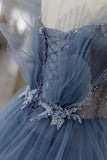 Vintage Blue Tulle Beaded Long Senior Prom Dress A-Line Blue Formal Dress HZ1022