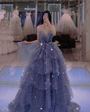 Vintage Blue Tulle Beaded Long Senior Prom Dress A-Line Blue Formal Dress HZ1022