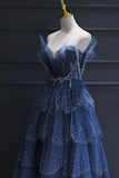 Vintage A-Line Blue Tulle Beaded Long Senior Prom Dress Formal Dress HZ1022