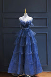 Vintage A-Line Blue Tulle Beaded Long Senior Prom Dress Formal Dress HZ1022
