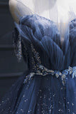 Vintage A-Line Blue Tulle Beaded Long Senior Prom Dress Formal Dress HZ1022