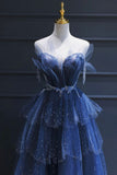 Vintage A-Line Blue Tulle Beaded Long Senior Prom Dress Formal Dress HZ1022