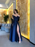 Vintage A-Line Navy Blue Long Senior Satin Slit Prom Dress Formal Dress HZ1022