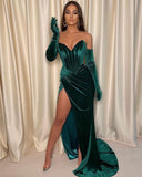 Sexy Mermaid Sweetheart Dark Green Prom Dress Velvet Slit Evening Gown HZ1022