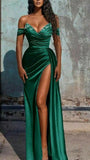 Sexy Mermaid Dark Green Off The Shoulder High Slit Long Prom Dresses HZ1022