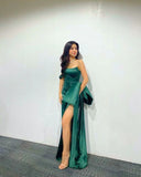 Sexy Mermaid Strapless Dark Green High Slit Long Prom Dresses HZ1022