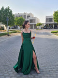 Sexy A line Spaghetti Straps Dark Green Slit Long Prom Dresses HZ1022