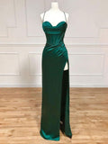 Sexy Mermaid Spaghetti Straps Dark Green Slit Long Prom Dresses HZ1022