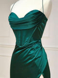 Sexy Mermaid Spaghetti Straps Dark Green Slit Long Prom Dresses HZ1022