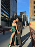 Sexy Mermaid Spaghetti Straps Dark Green Slit Long Prom Dresses HZ1022